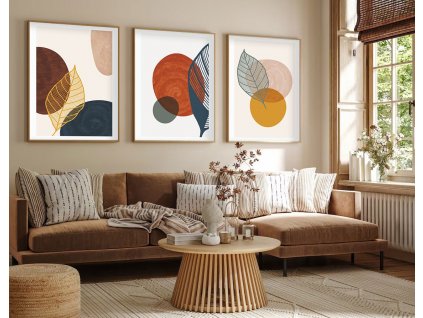 Dekorativní obraz MDF 3 ks HUHU209 Moderní minimalismus, Boho – Hnědá, modrá, žlutá, béžová, oranžová, zelená na bílém a béžovém pozadí, listy stromů