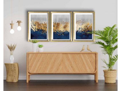 Dekorativní obraz MDF 3 ks 3P3853NISCT-020 Moderní abstraktní minimalismus – tahy štětcem, akryl, gold leaf, zlatá fólie, tmavě modré a šedé pozadí