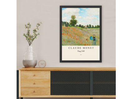 Obraz v rámu Claude Monet cesta polem vlčích máků, dívka a dáma, zelené pole s červenými vlčími máky, modré nebe, béžová pasparta, popis díla, černý rám