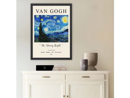 Obraz v rámu expresionismus, obraz v paspartě vincent van gogh, hvězdná noc, černý rám, modré noční nebe, žluté hvězdy
