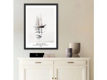 Obraz v rámu obraz v paspartě a černém rámu, akvarel, winslow homer, plachetnice na vodě, šedé pozadí, černá lodka, americký realismus