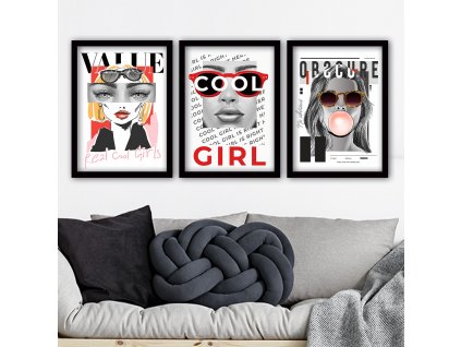 Obraz v rámu 3 ks sada obrazů cool girl, bílé pozadí, pop art, koláž, dívka v brýlích se žvýkačkou, pohledná dívka, žena, typografie, písma