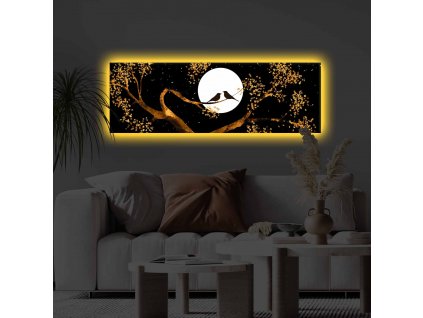 Obraz na plátně s LED podsvícením zářivý obraz, siluety dvou ptáčků ve svitu měsíce, zlaté větve stromů, ptáčci na větvi, noc
