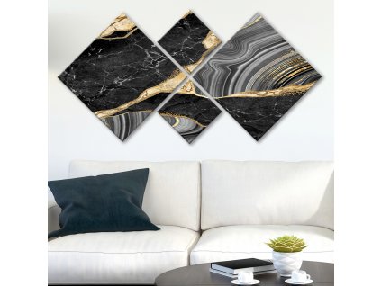 Obraz MDF 4 ks Sada 4 obrazů ve tvaru diamantů, kostek, abstraktní obraz, černý mramor se zlatými vlnami