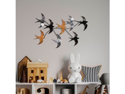 Nástěnná dekorace kovová FLYING BIRDS stříbrná a bronzová