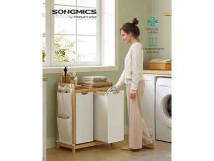 Koš na prádlo 2D s bambusovým rámem a policí 100 l béžová