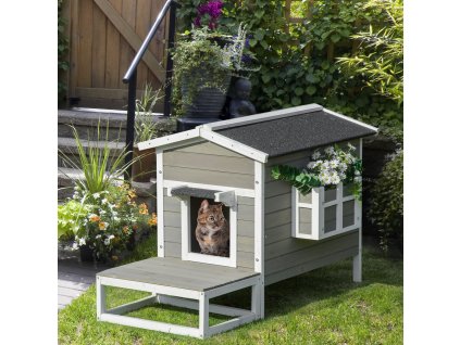 Domeček pro kočky venkovní dřevěný 115 x 67 x 75 cm šedá bílá