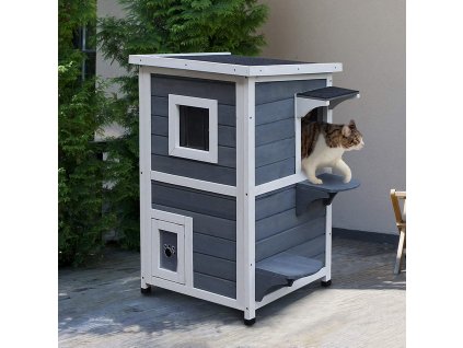 Domeček pro kočky venkovní dvoupatrový dřevěný 51 x 51 x 81 cm šedá bílá