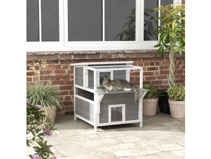 Domeček pro kočky venkovní s balkonem dřevěný 64 x 87 x 76 cm šedá bílá