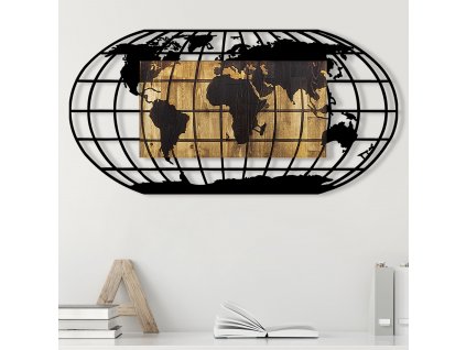 Nástěnná dekorace WORLD MAP dřevo kov černá