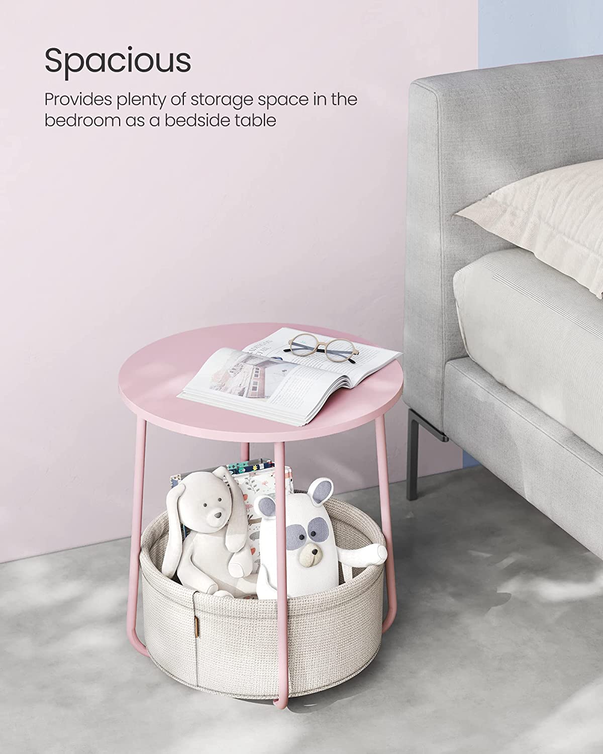 Kulatý odkládací stolek s textilním košem růžový
