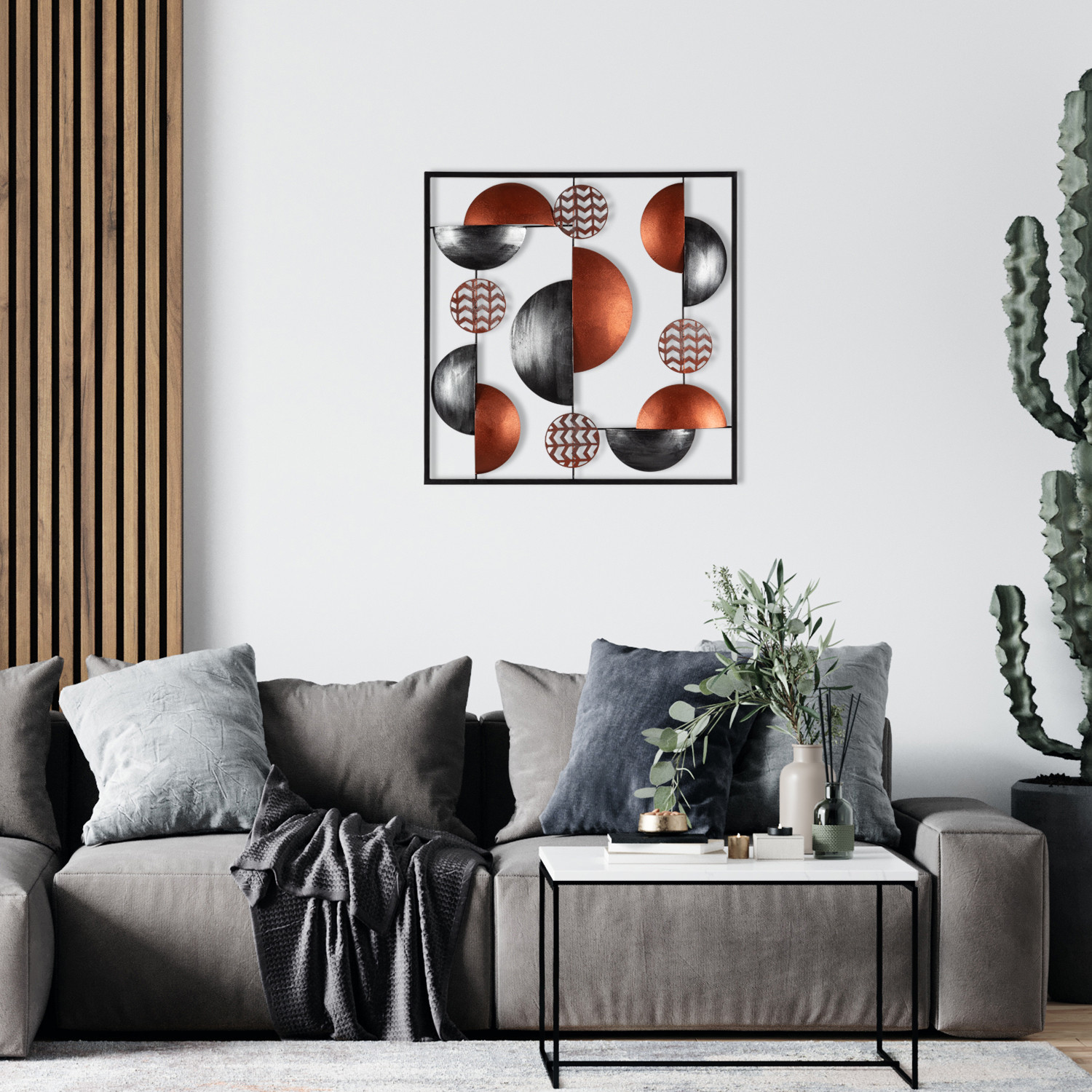 Levně Nástěnná dekorace kov PŮLKRUHY měď šedá 55 x 55 cm
