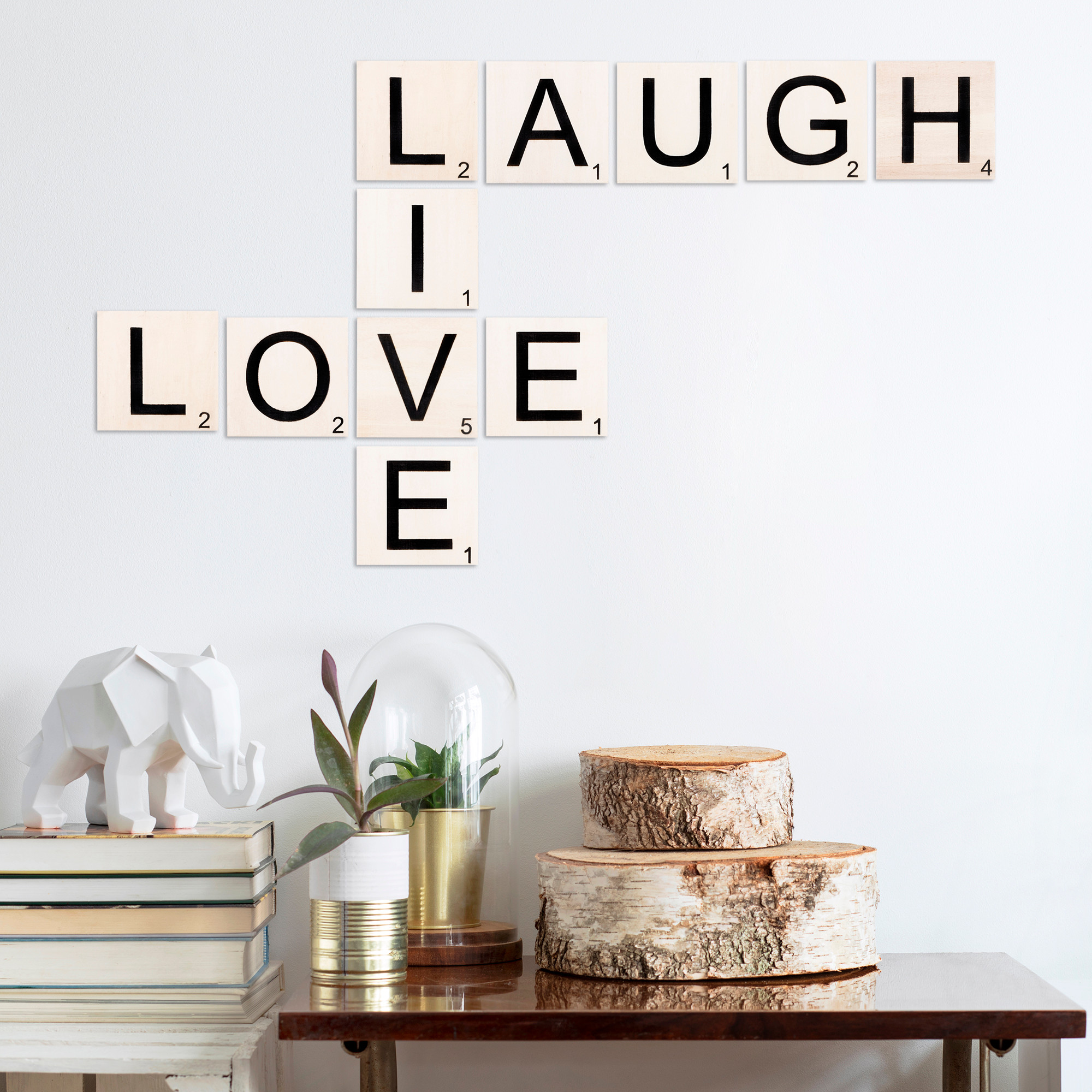 Levně Nástěnná dekorace dřevo SCRABBLE LAUGH LOVE LIVE 111x 63 cm