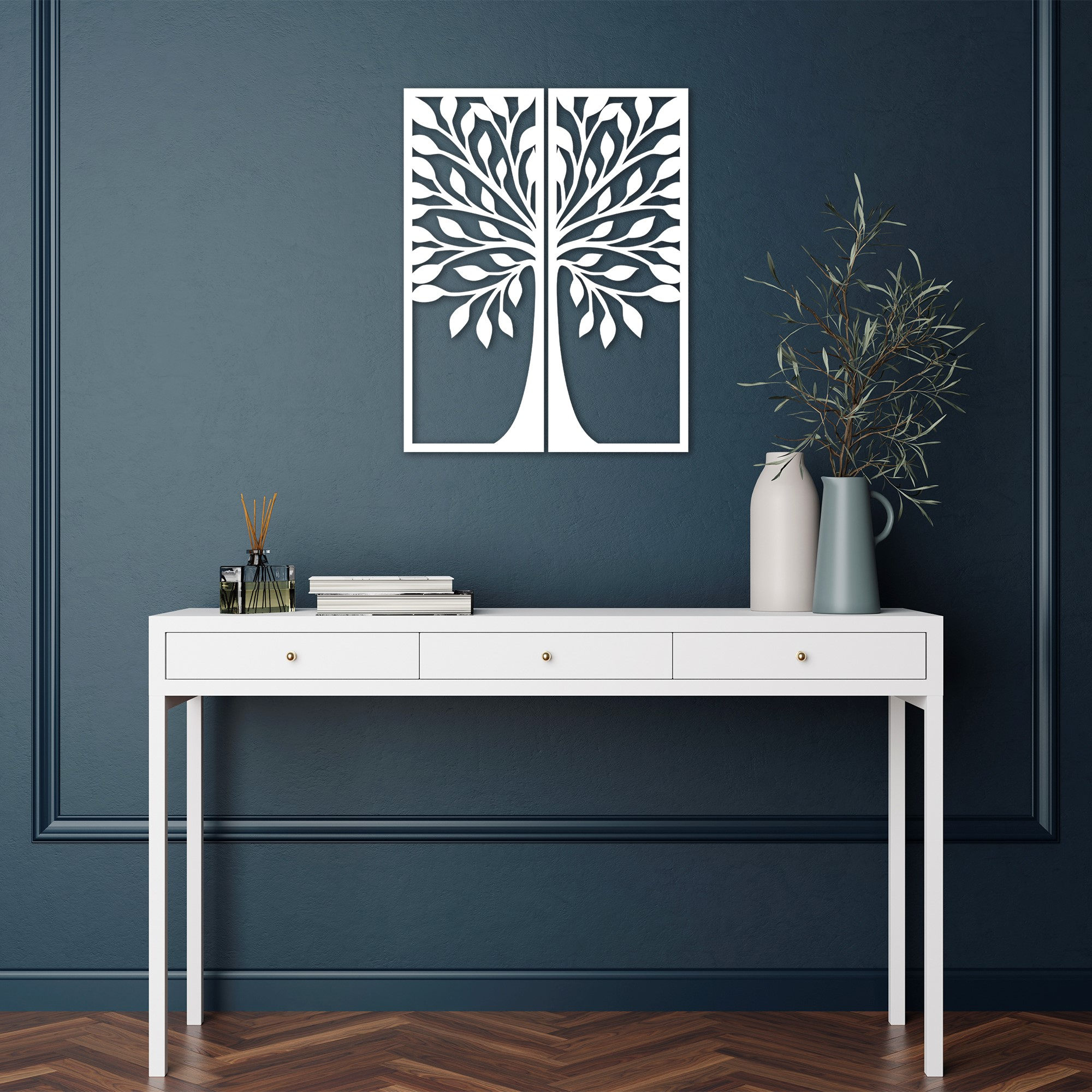 Levně Nástěnná dekorace dřevo LISTNATÝ STROM bílý 50 x 65 cm