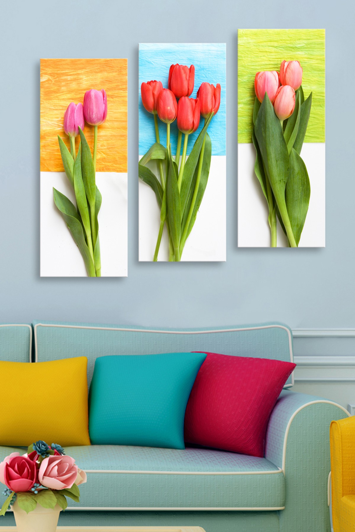 Levně Obraz na MDF 3ks TULIPÁNY 20 x 50 cm