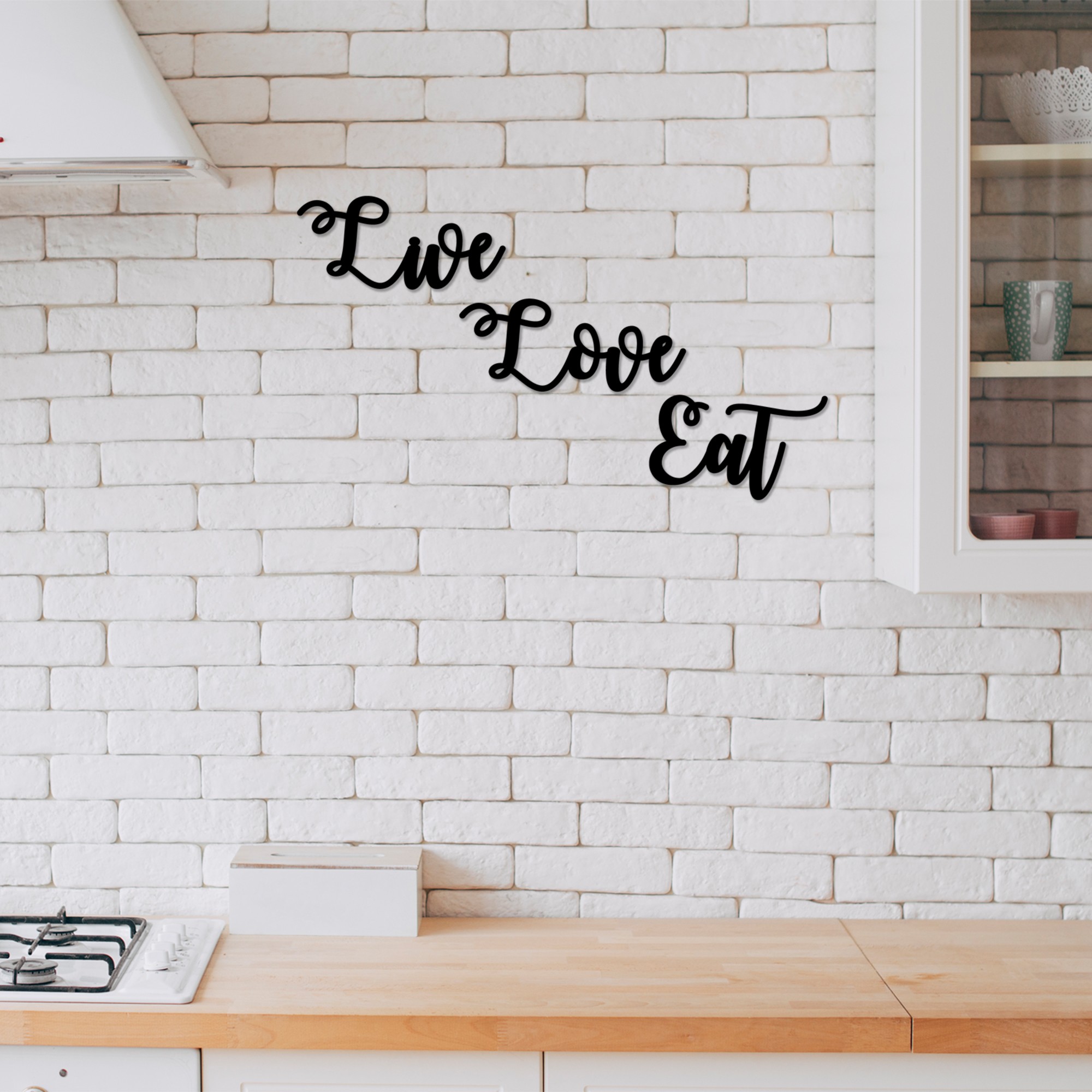 Levně Nástěnná dekorace dřevo LIVE LOVE EAT 85 x 48 cm