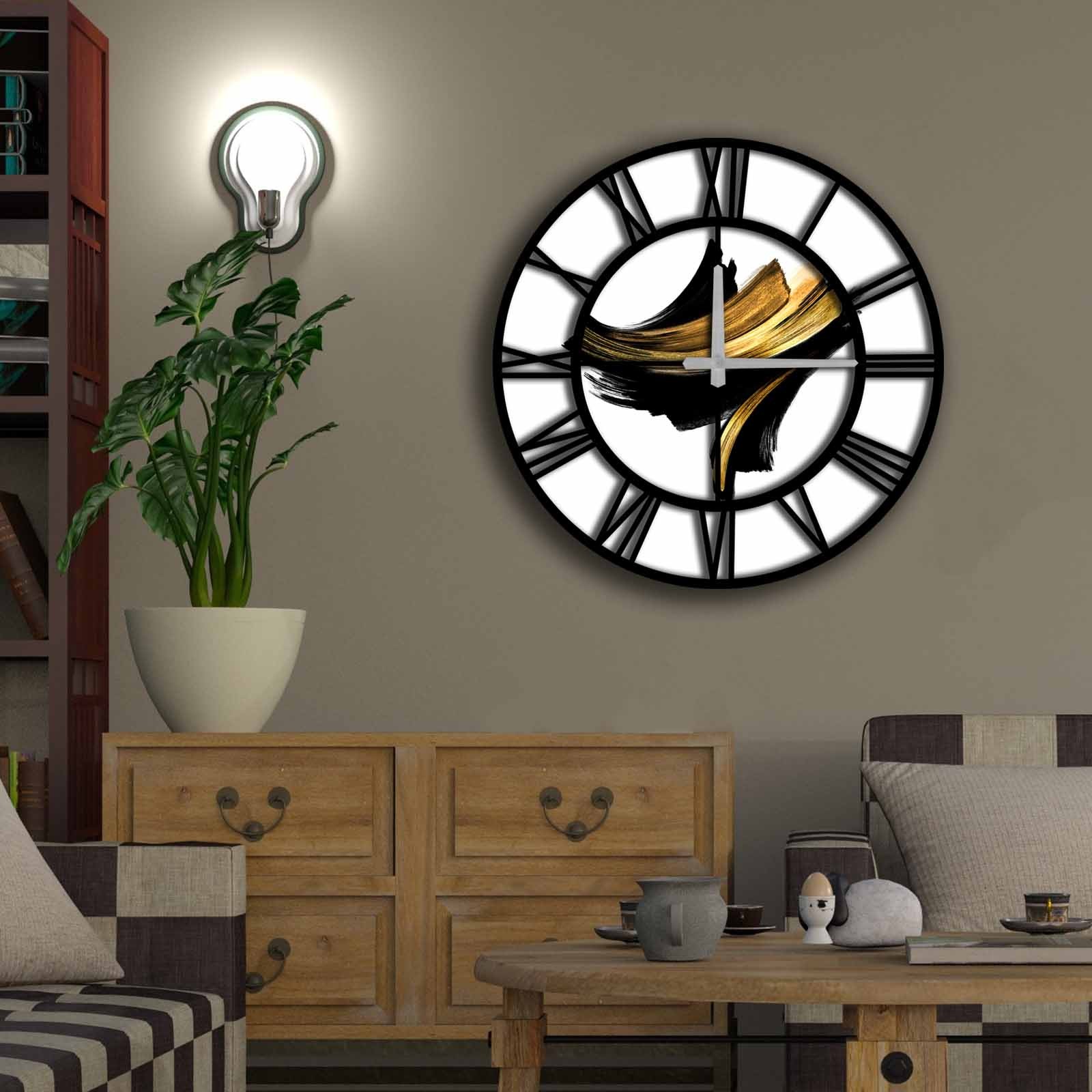 Levně Nástěnné hodiny MDF TAHY ŠTĚTCEM hnědé černé 50 x 50 cm