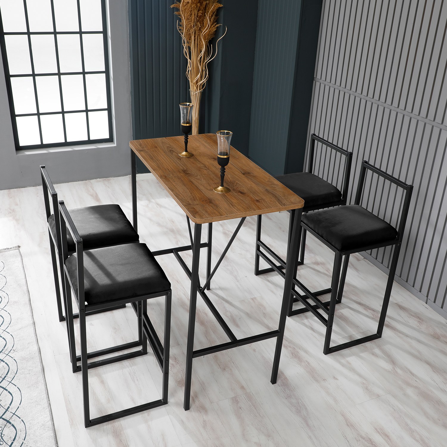 Levně Set barový stůl a židle (5 kusů) NORDIC černá a ořech