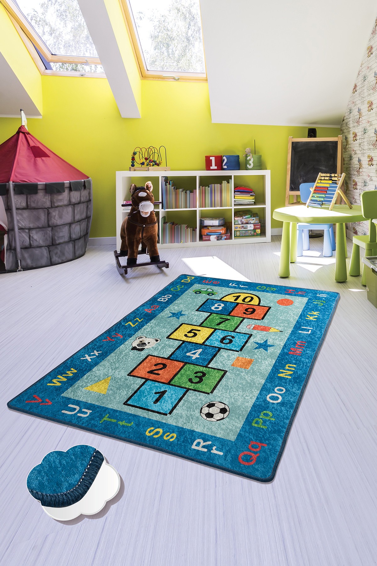 Dětský koberec(100 x 160 cm) SEKSEK modrý – písmenka a panák