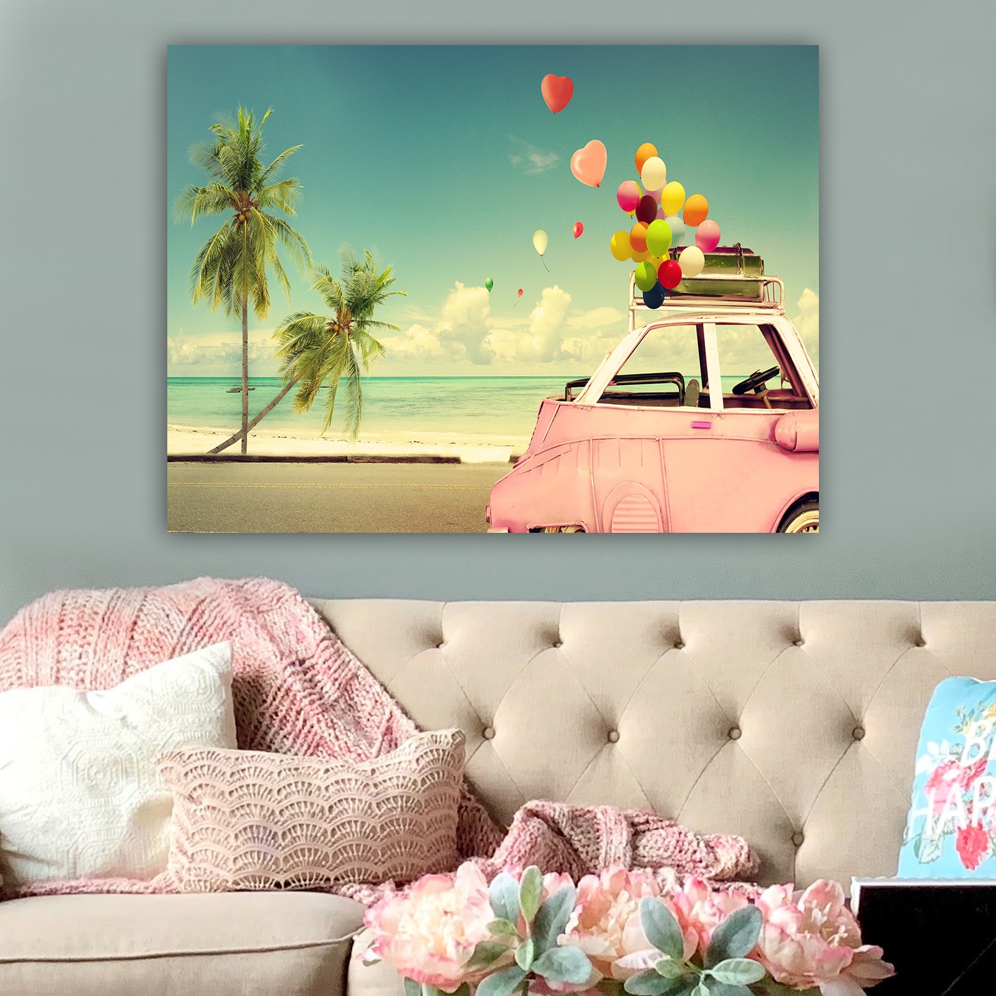 Obraz na plátně Růžové auto a pláž