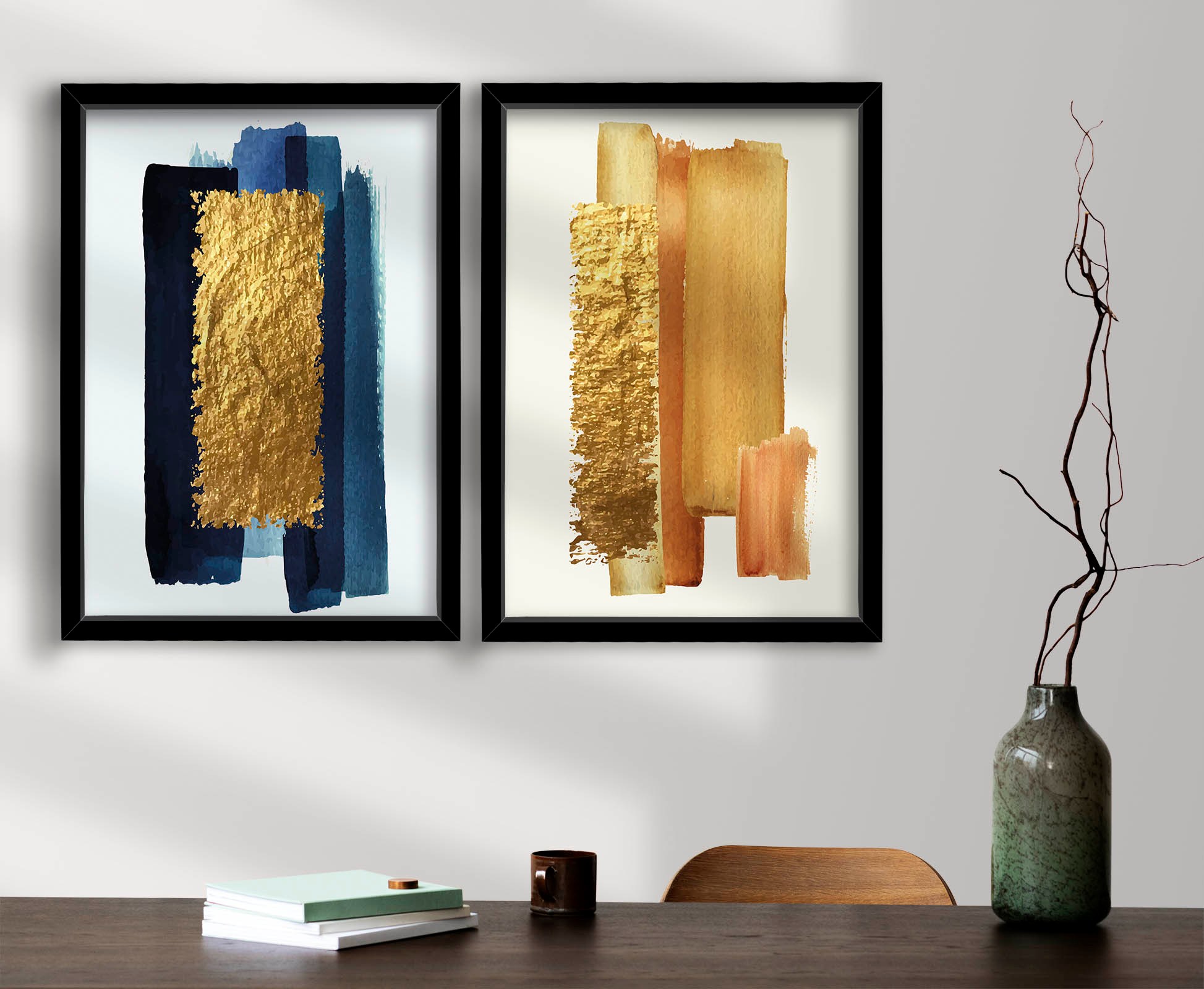 Dekorativní obraz MDF 2 ks Modré a zlaté akvarely 2 ks
