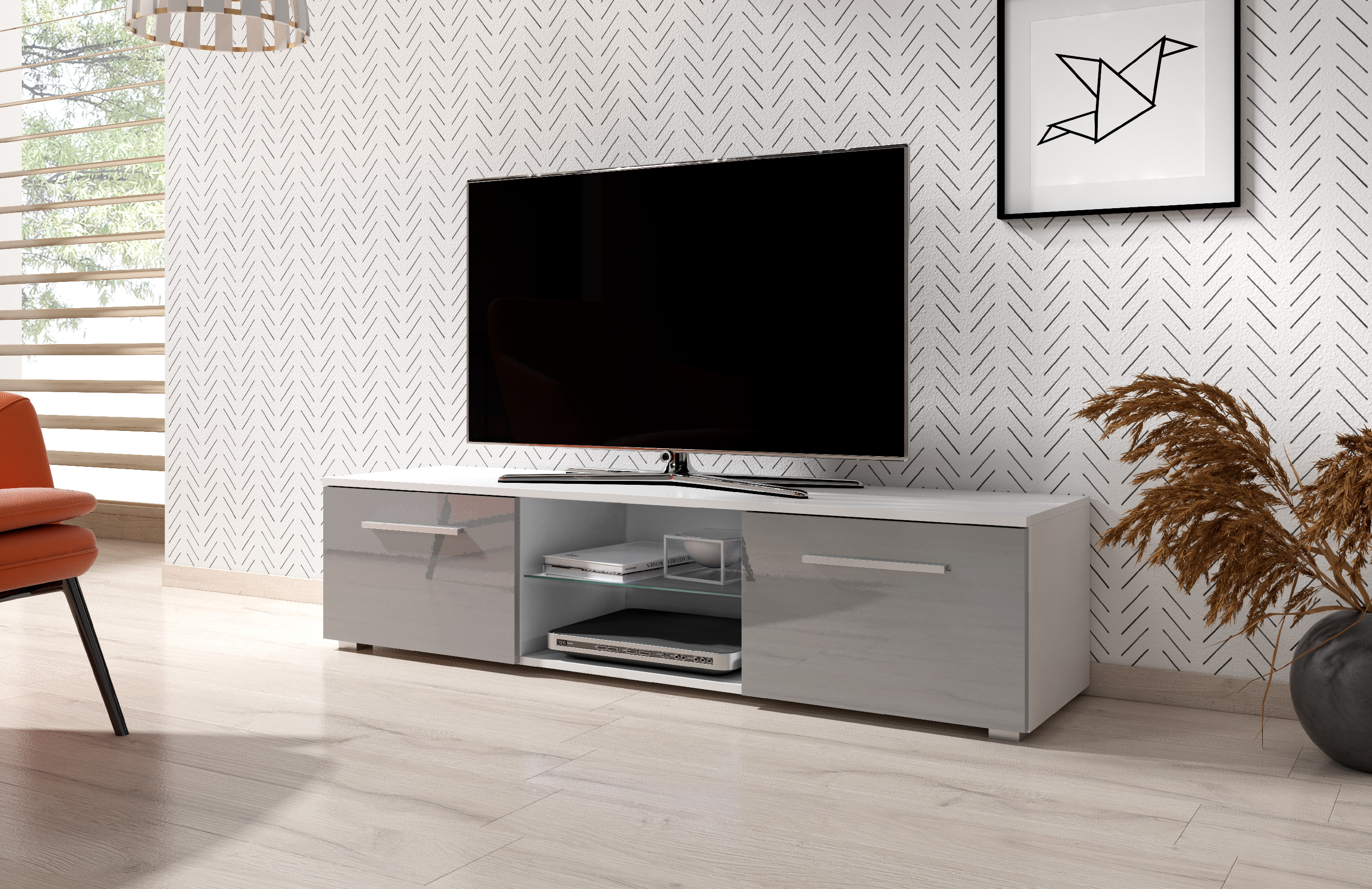 Televizní stolek MOON 140 2K, bílý/šedý vysoký lesk