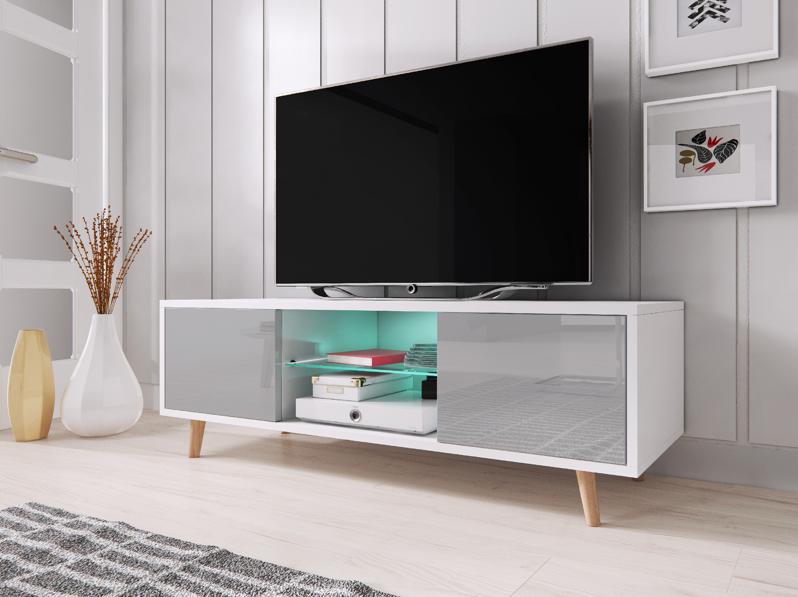Televizní stolek Sweden bílý/šedý s LED osvětlením