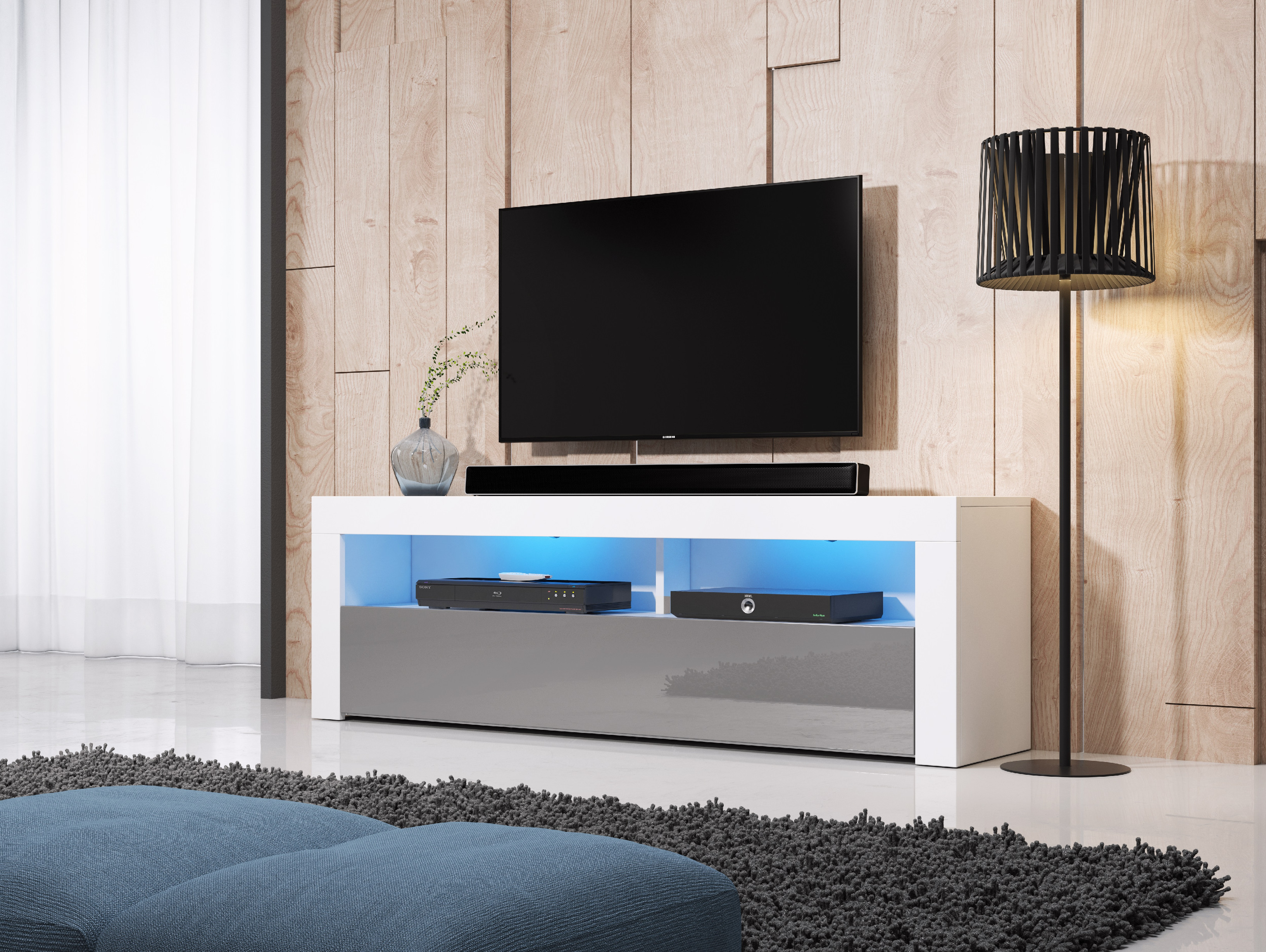 Televizní stolek MEX 160 cm bílý/šedý s LED osvětlením