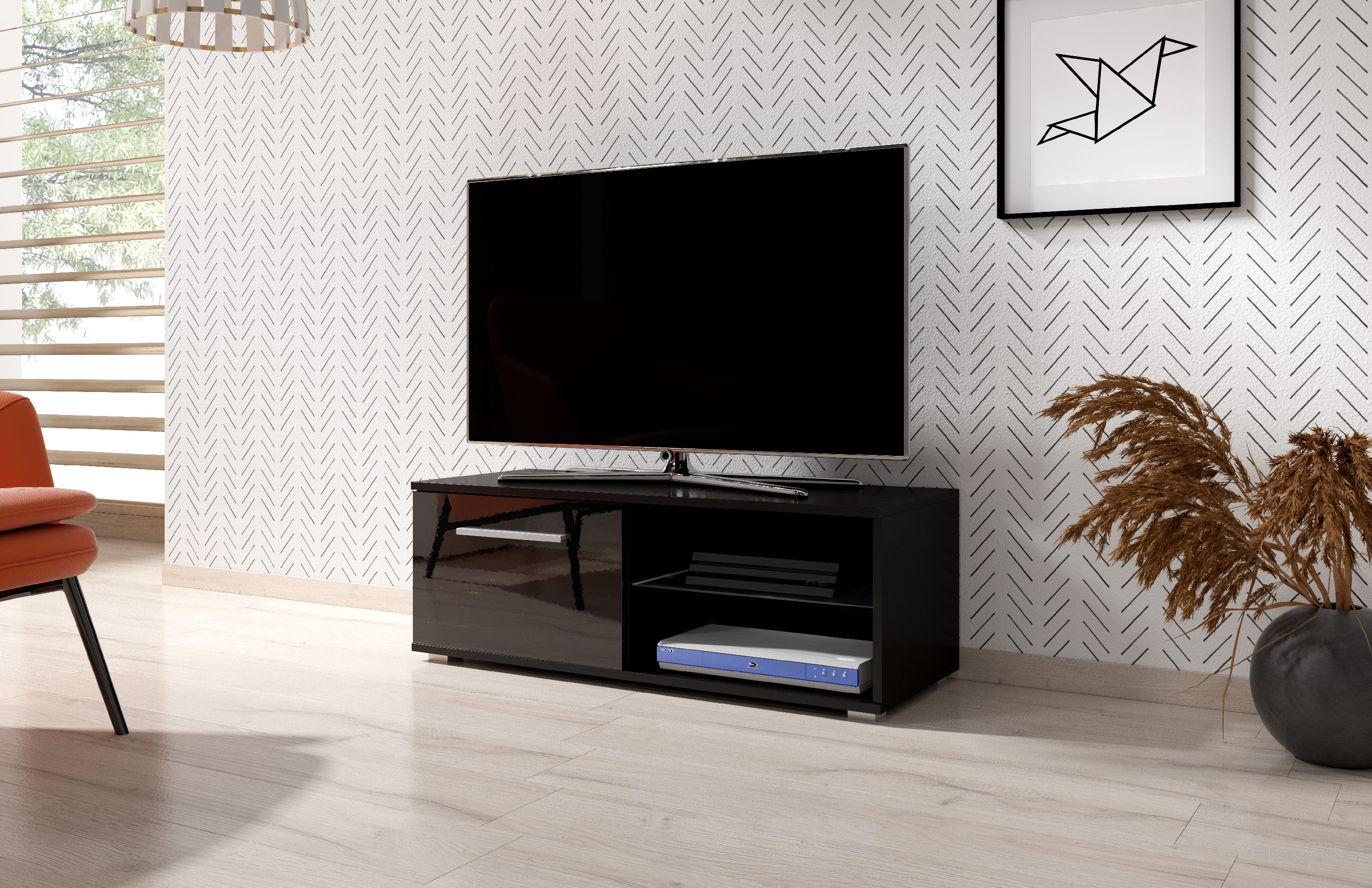 Televizní stolek MOON 100 cm černý/černý lesk
