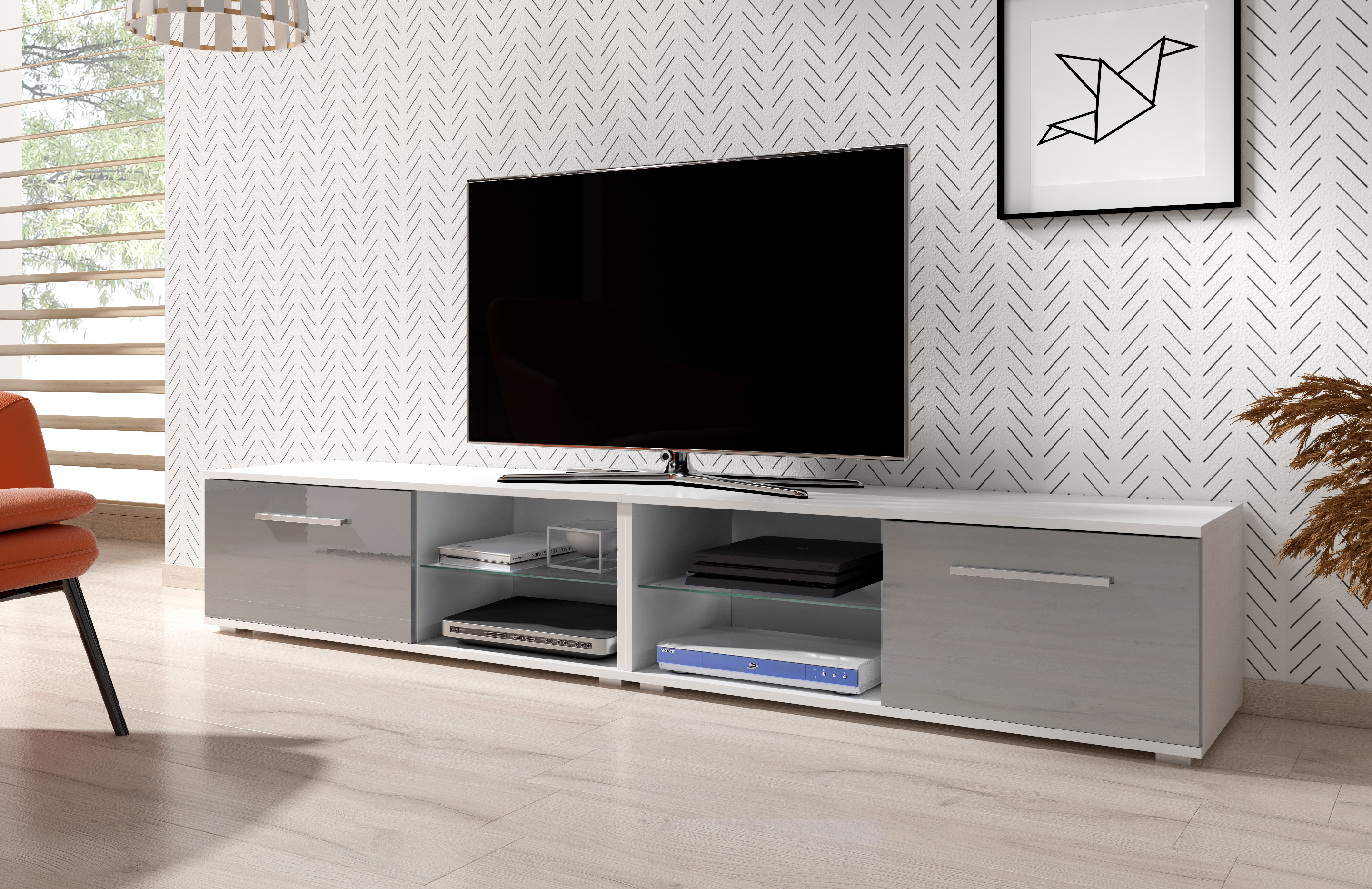 Televizní stolek MOON 200 cm bílá/šedý lesk