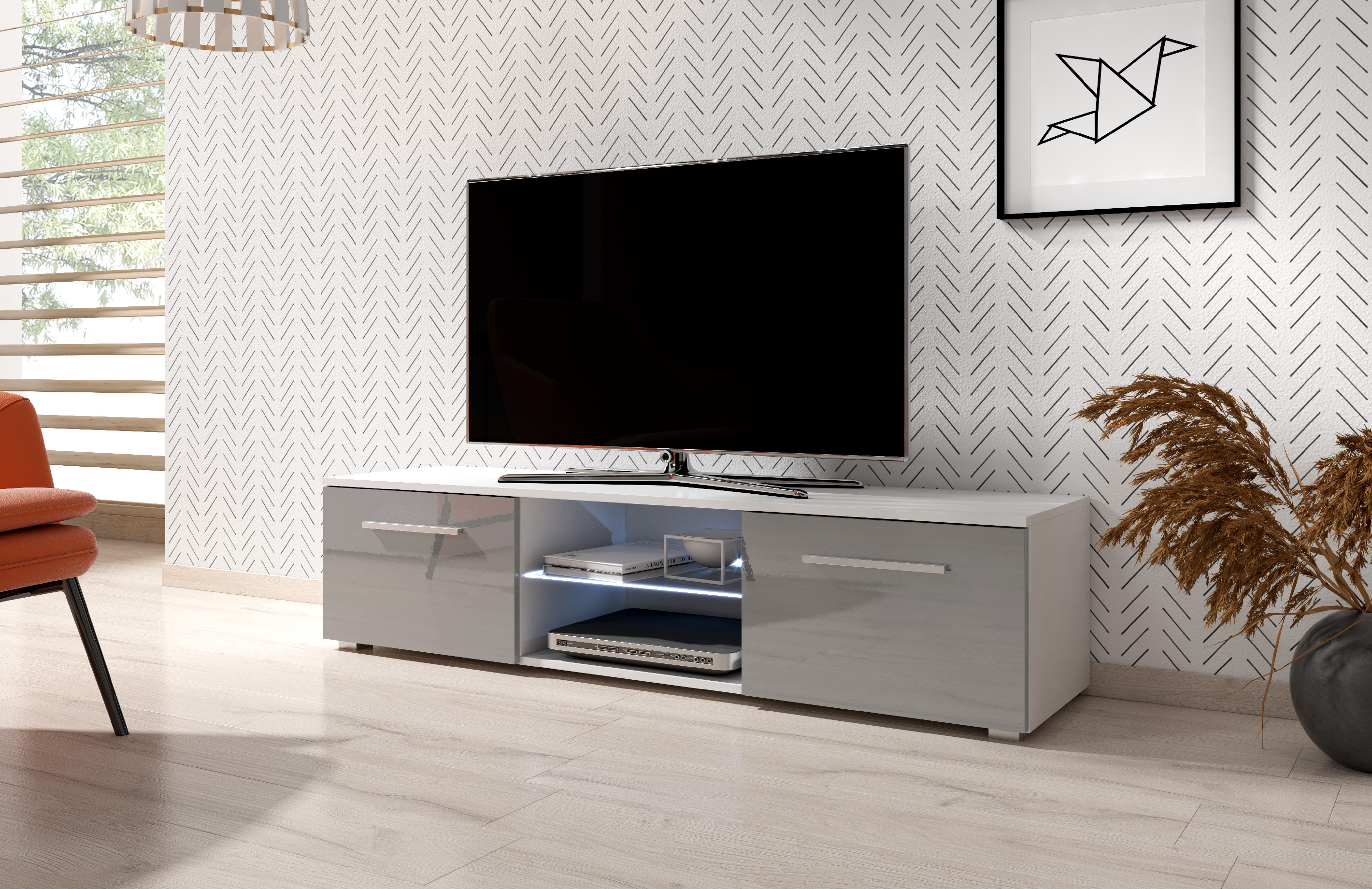 Televizní stolek MOON 140 cm bílá/šedý lesk s LED osvětlením
