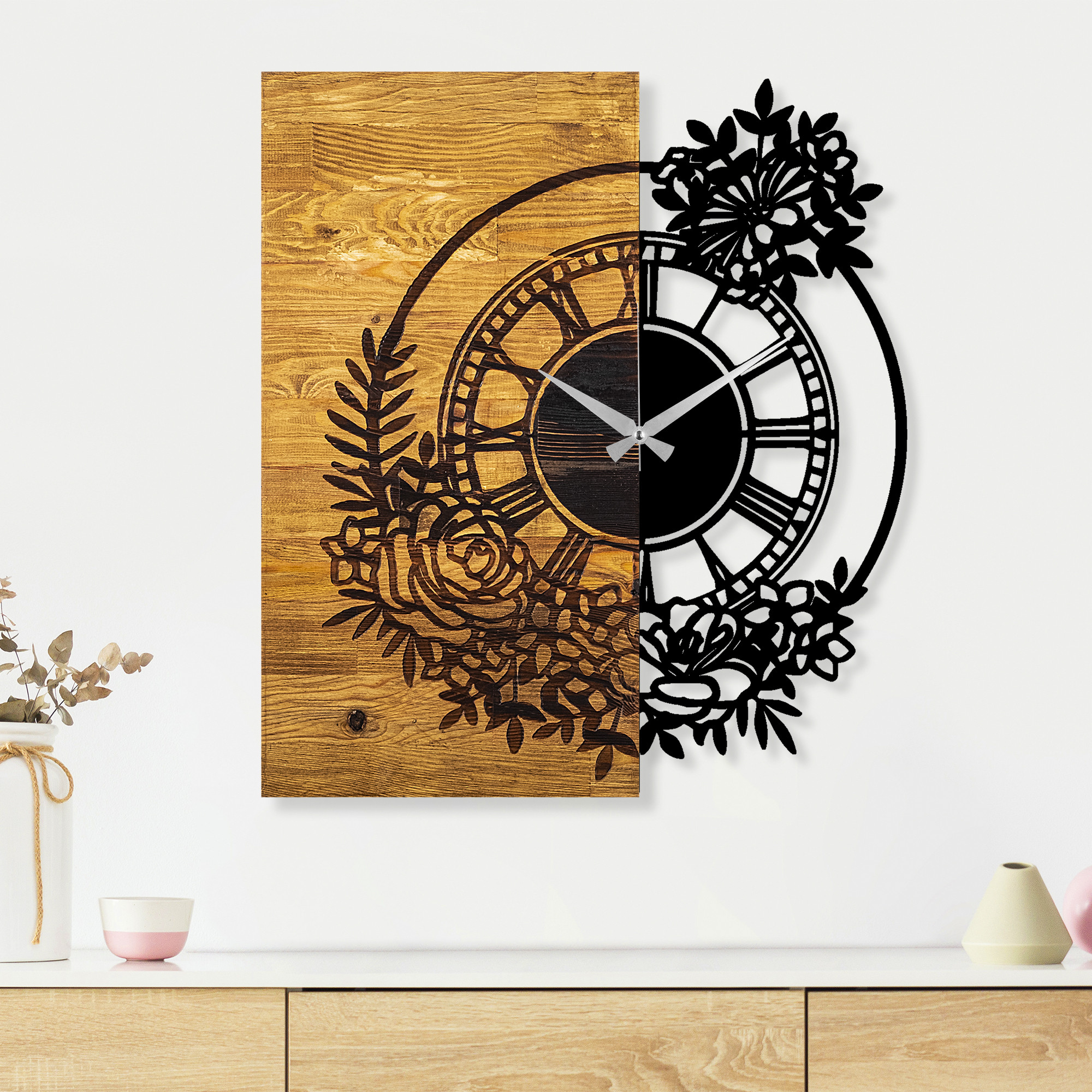 Levně Nástěnné hodiny KVĚTY kov dřevo 58 cm