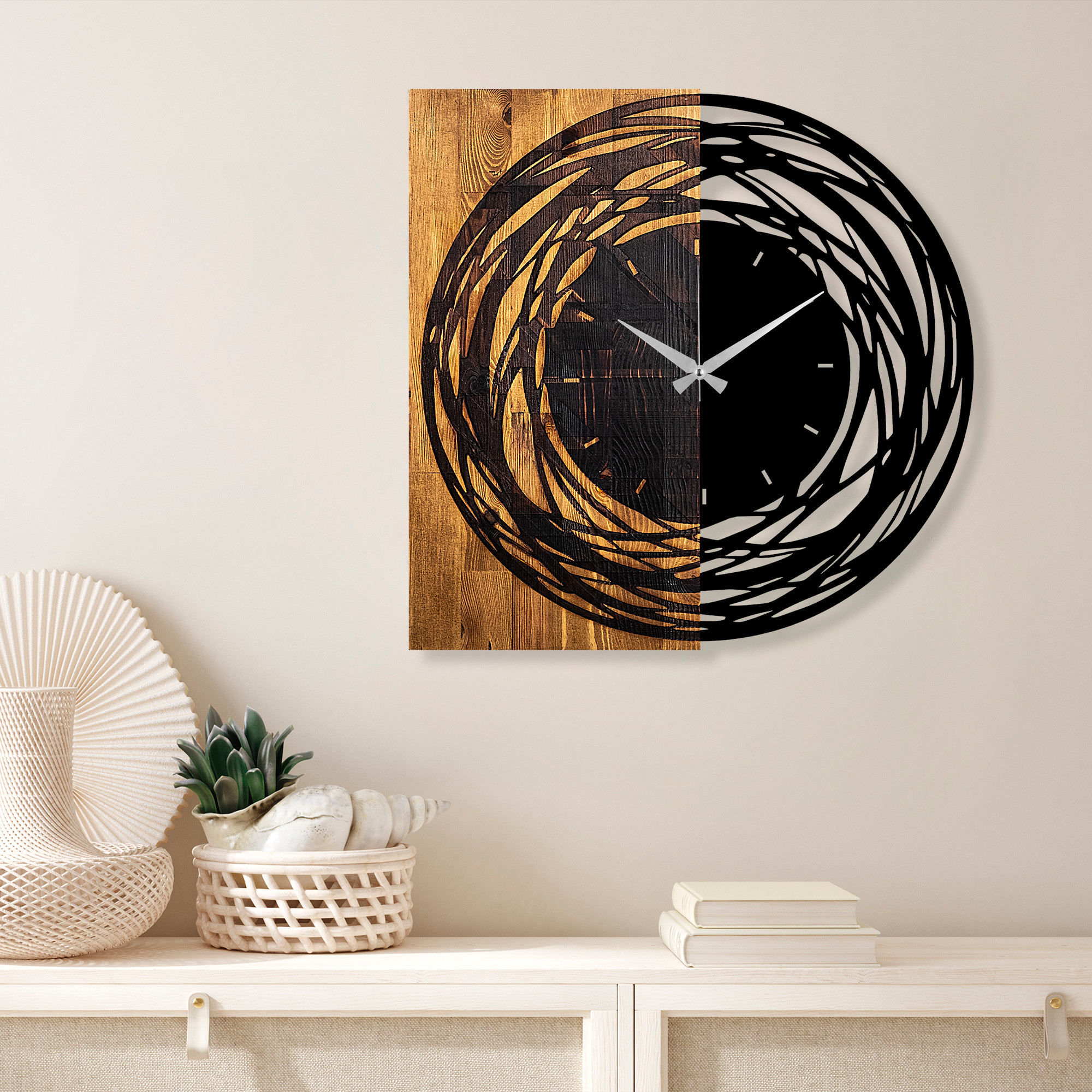 Levně Nástěnné kovové hodiny KRUH 58 cm dřevo
