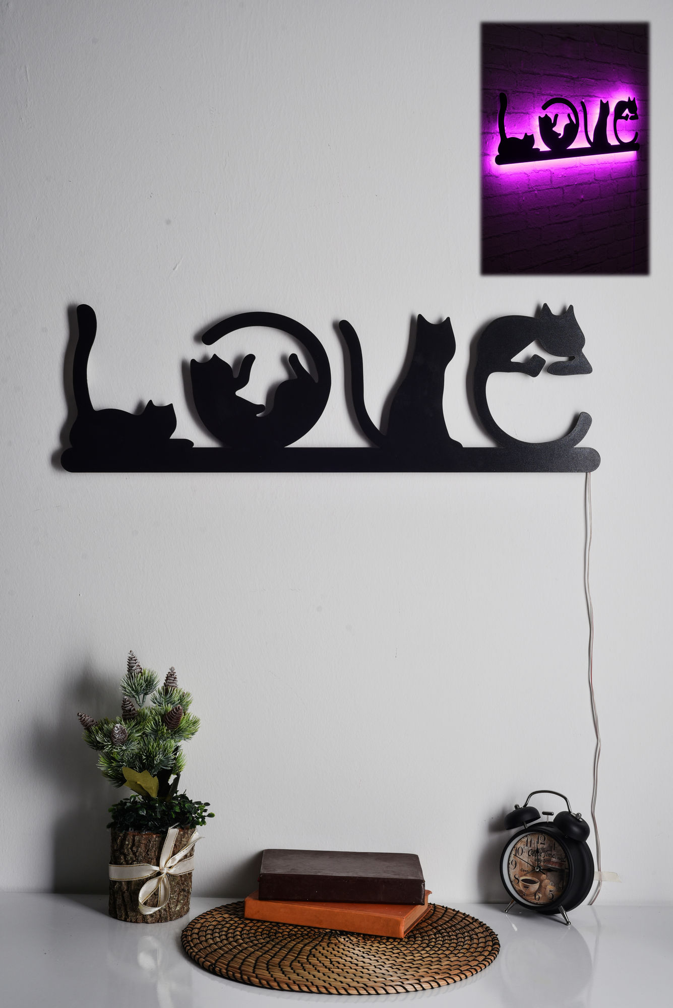 Nástěnná dekorace CAT LOVE s LED osvětlením růžová