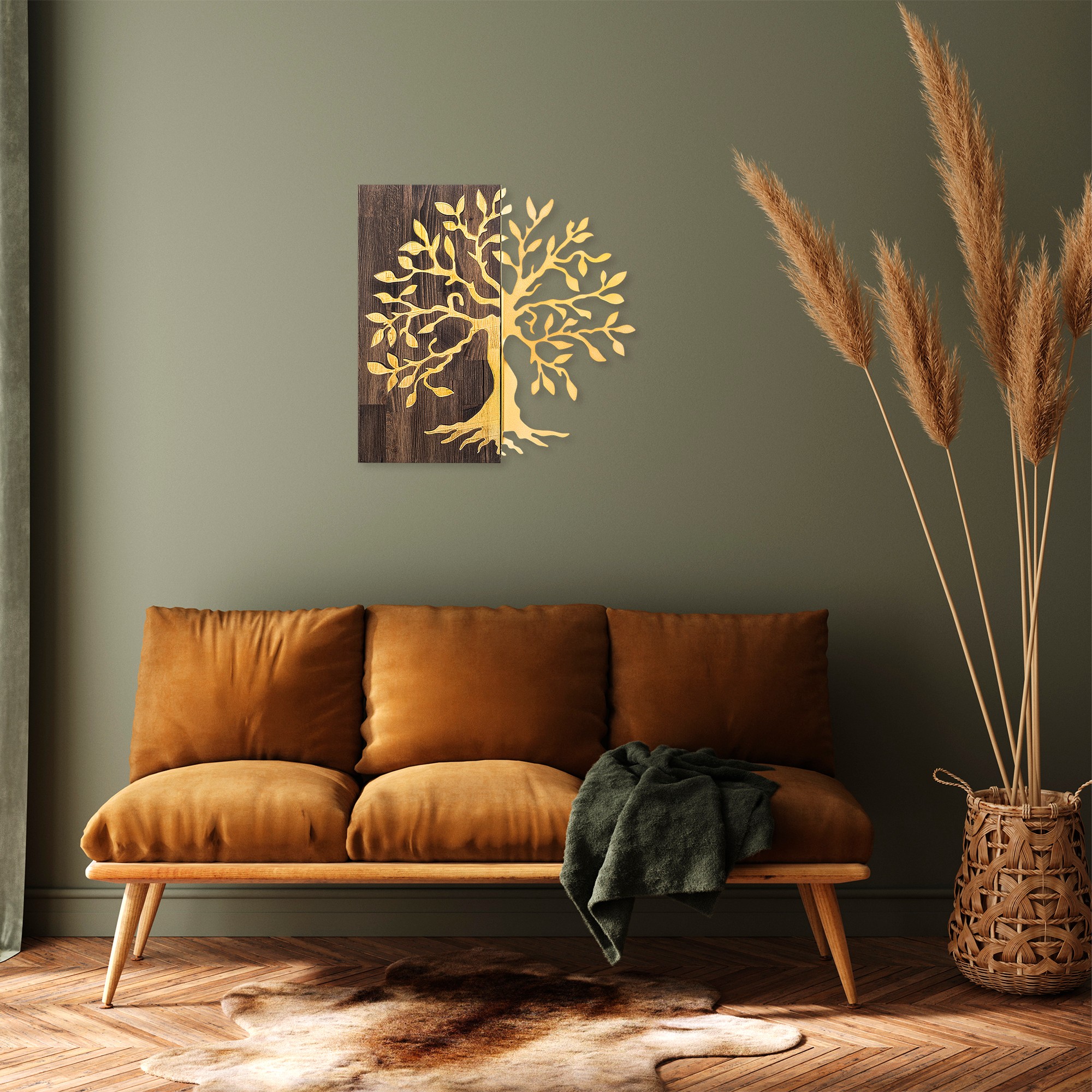 Levně Nástěnná dekorace dřevo kov TREE ořech zlatá