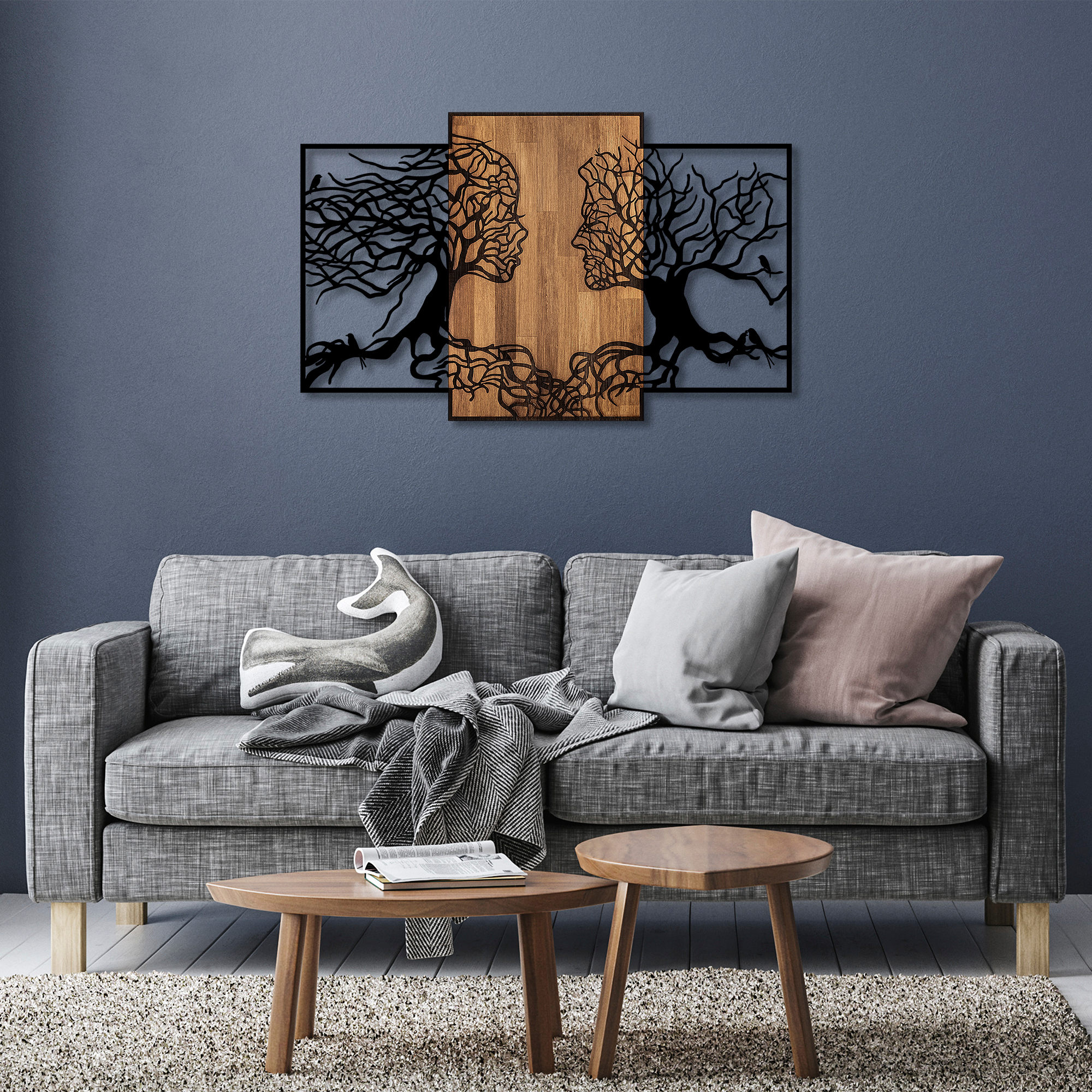 Levně Nástěnná dekorace dřevo kov TREE LOVE černá ořech