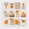 Obraz MDF 12 ks Sada 12 obrazů boho art béžové s oranžovým sluncem a zelenými listy a horami, geometrické dekorace, abstraktní umění