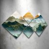 Obraz MDF 4 ks Sada 4 obrazů ve tvaru diamantů, kostek, abstraktní obraz krajny, zelené hory a zlaté slunce, zlatá fólie, goldleaf