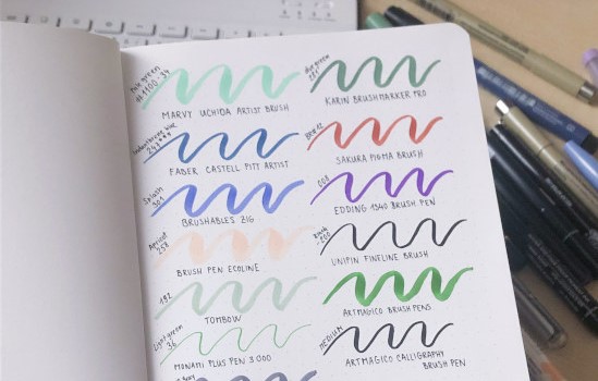Velký test brush penů, fixů, linerů a barev v Bullet Journal zápisníku od Creativky