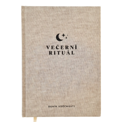 Deník vděčnosti – Večerní rituál od Creativky, látkový journaling deník pro večerní seberozvoj a klidnou mysl, focený na bílém pozadí.
