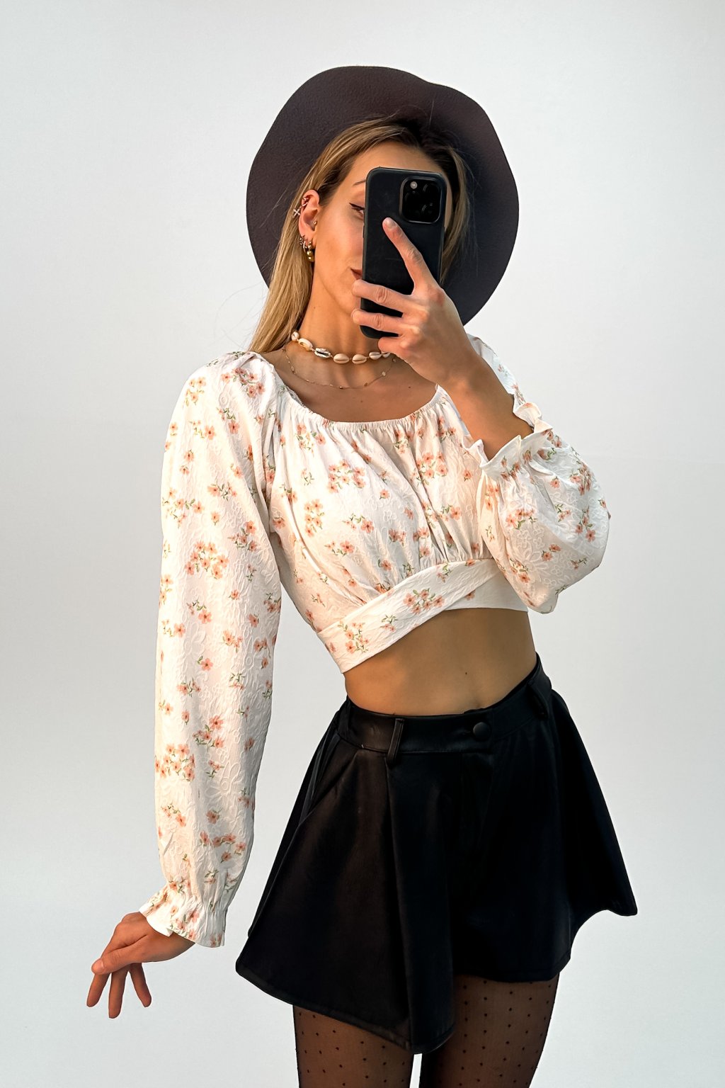 Vintage kvetinový crop-top s viazaním oranžový