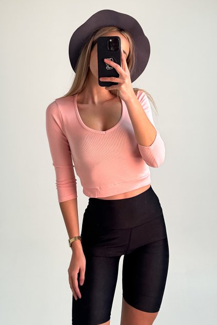 Vrúbkovaný basic crop-top ružový