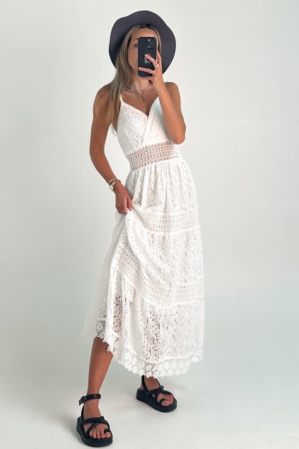 Boho šaty z krajky na ramienka biele