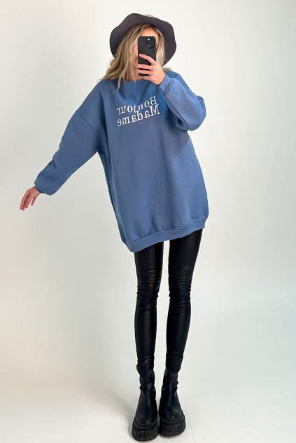 Dlhá oversize mikina s nápisom modrá