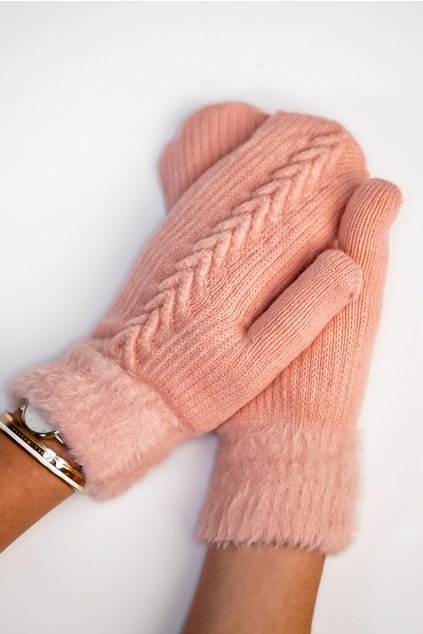 Zateplené úpletové rukavice s kožušinkou ružové