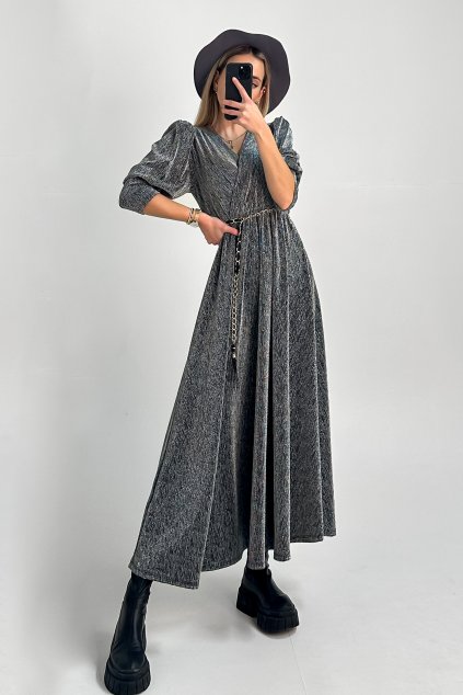 Dlhé trblietavé šaty s puff rukávmi strieborné