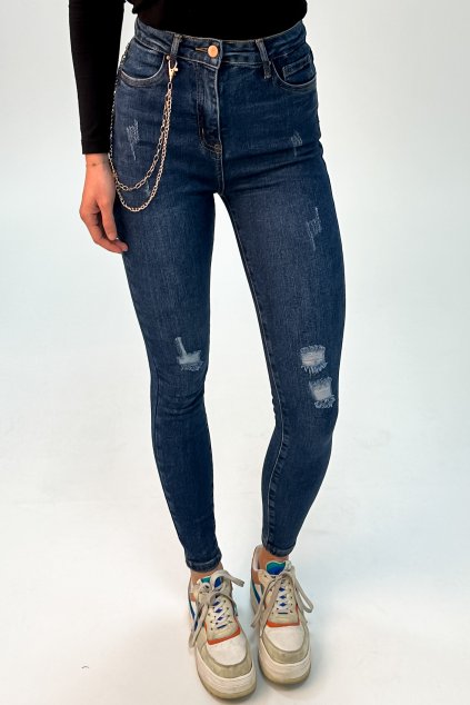 Tmavo- modré skinny džínsy s vysokým pásom a odopínateľnou retiazkou