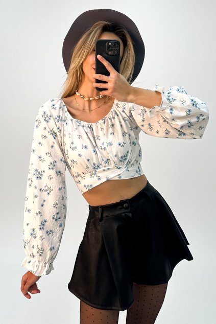 Vintage kvetinový crop-top s viazaním modrý