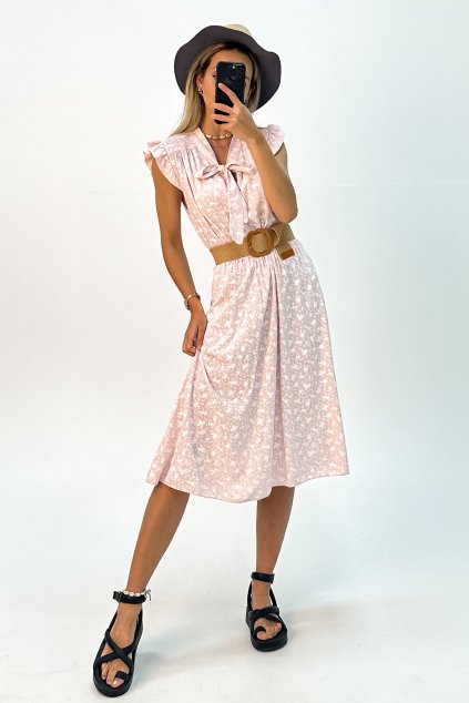 Vintage vzorované šaty s mašľou z viskózy ružové