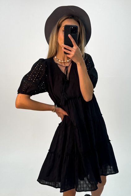 Bavlnené oversize šaty s madeirovým puff rukávom čierne